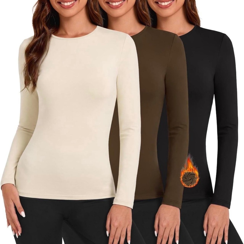 Tournesol Womens Fleece Lined Thermal Tops 3 Pack Crew Neck Long Sleeve Medium